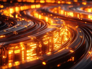 Aufkleber - Abstract glowing circuit board close up shot with warm orange light and dark metal in a futuristic style