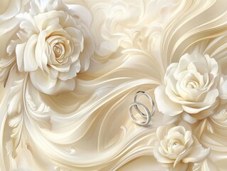 Poster - Wedding rings on cream colored silk with white roses close up romantic background for celebration of love and marriage
