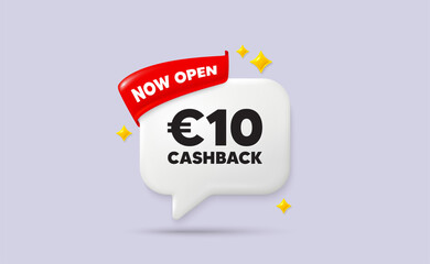 Poster - cashback chat speech bubble. now open flag ribbon. 10 eur cashback. money back offer sign. cash back