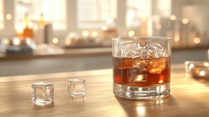 Poster - Whiskey glass with ice cubes on wooden surface in warm light bar setting close-up shot