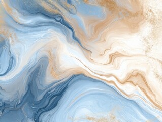 Aufkleber - Abstract Fluid Art Painting with Blue Beige and Gold Swirls Top-Down View Elegant Design Background Texture