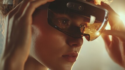 Leinwandbilder - Woman Adjusting Augmented Reality Headset in Warm Light, Representing Innovation and Digital Transformation in Technology : Generative AI