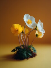 Poster - Close-up studio shot of white and yellow anemone flowers against a warm brown backdrop, showcasing delicate petals and vibrant colors