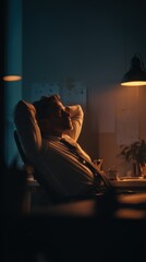 Poster - Businessman Leaning Back in Chair at Night, Contemplating Strategy and Reflecting on Corporate Success in Dark Office : Generative AI