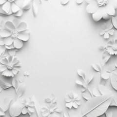 Poster - Elegant floral border of white paper flowers and leaves on white background flat lay minimalist design