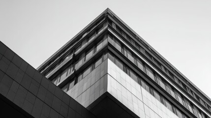 Poster - A modern, geometric building captured from a low angle in black and white, highlighting sleek lines and architectural detail.