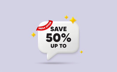 Poster - discount chat speech bubble. mega offer flag ribbon. save up to 50 percent tag. discount sale offer 