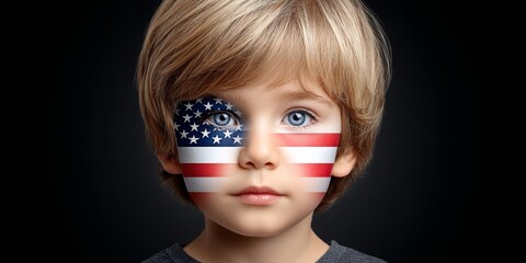 Poster - A child holding a small American flag with face paint in red white and blue