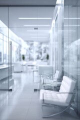 Poster - Modern Office Waiting Area with Glass Doors and White Chairs in Minimalist Style Interior Design
