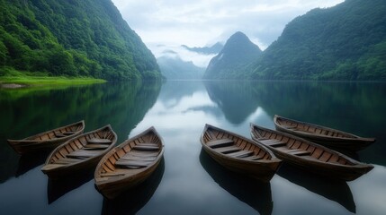 Poster - A scenic fleet of rustic wooden boats floats serenely on still waters, with towering peaks creating a tranquil horizon