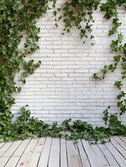 Poster - Rustic white brick wall backdrop with ivy vines and wooden floorboards studio shot for product photography