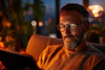 Aufkleber - Man Browsing Tablet at Night in Warm Light, Representing Digital Lifestyle and Online Communication for Remote Work and Connection — Stock Photo : Generative AI