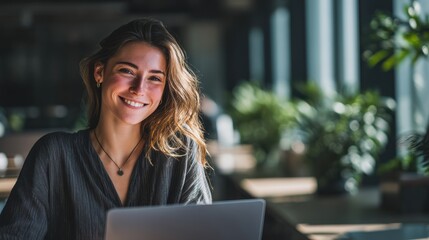 Aufkleber - Smiling Woman Working On Laptop in Bright Office, Representing Productivity and Modern Workplace Collaboration : Generative AI