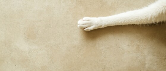 Poster - White Cat Paw Resting on Beige Textured Surface Minimalist Composition Top Down View Pet Photography