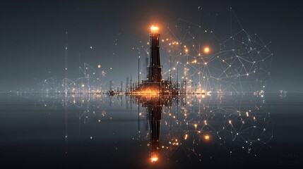 Poster - Futuristic city with glowing lights, abstract connections, and water reflection