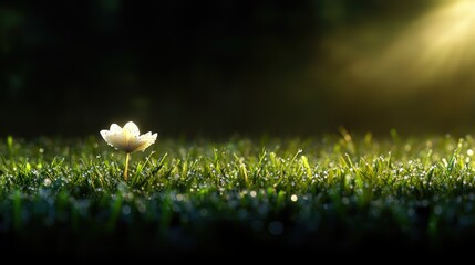 Poster - A lone mushroom rises from the grass, surrounded by soft morning light and dewy textures in a peaceful field