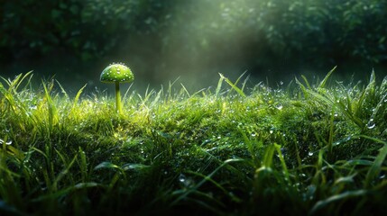 Poster - A lone mushroom rises from the grass, surrounded by soft morning light and dewy textures in a peaceful field