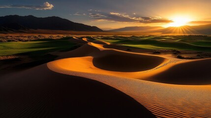 Poster - A golden sunset bathes rolling desert hills and distant mountains, casting long shadows across sandy plains in tranquil light