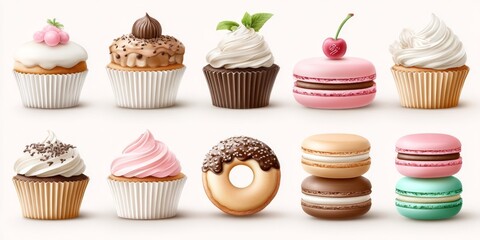 Poster - a 2d flat vector of assorted desserts like cupcakes donuts and macarons on a clean white background