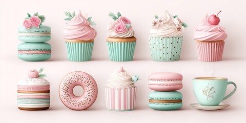 Poster - a 2d flat vector of assorted desserts like cupcakes donuts and macarons on a clean white background