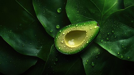 Aufkleber - A fresh half avocado, glistening with droplets, pops against a lush green backdrop, symbolizing health and flavor