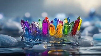 Poster - A frozen crown of vibrant crystals set against a minimal icy backdrop, low detail and head-on angle with ample free text space6b897fac63b6