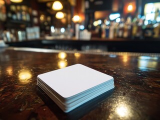 Aufkleber - Stack of blank white coasters on a wooden bar surface in a pub setting low angle close up shot