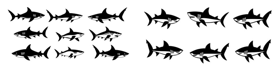 Poster - The modern icon logo features a shark, dolphin, whale, and ocean wave in an illustration of cartoon characters and graphic design