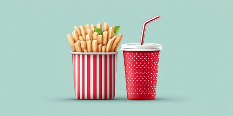 Poster - a minimalist vector of fries and soda with flat colors and clean lines