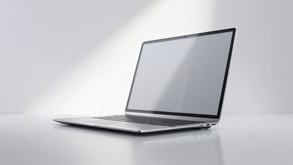 Poster - Sleek modern laptop on a minimalist surface with dramatic lighting in a bright, airy environment