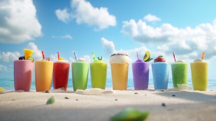 Aufkleber - A colorful lineup of flavored smoothies on a sunny beach, evoking refreshing vibes and smooth textures in a bright, breezy scene