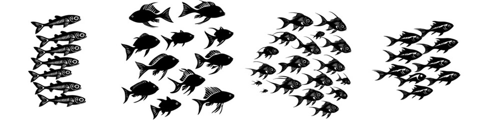 Poster - A contemporary element featuring the dark shape of fish in groups swimming in a wavy line isolated on a white background