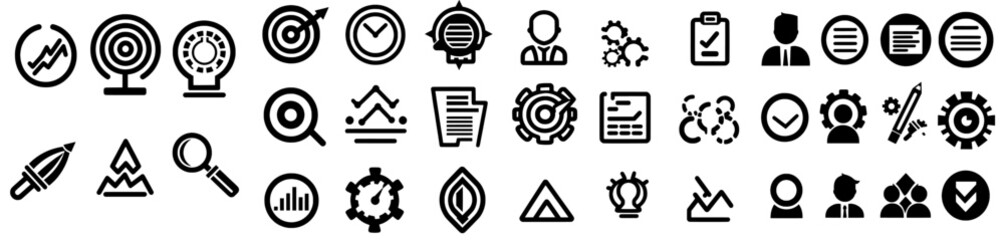 Modern startup icons are depicted in silhouette form, isolated on a white background, suitable for various design applications