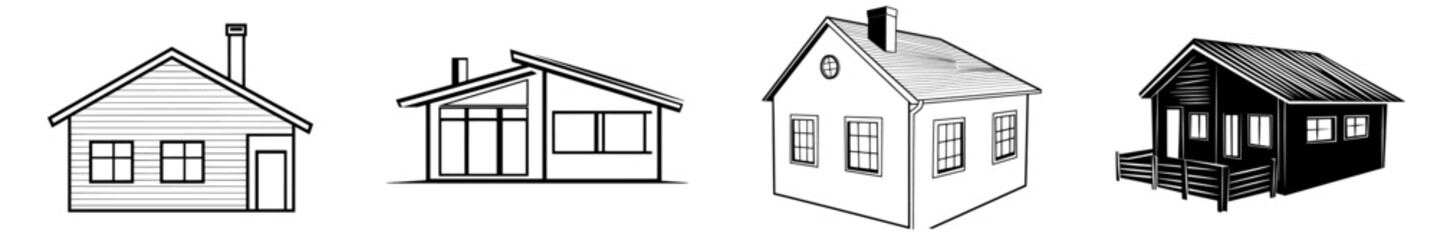 Poster - Modern illustration of a detached family house in minimalist black linear design, isolated on a white background, created in continuous line art drawing style, depicting an abstract house