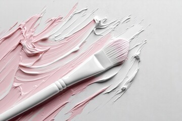 Poster - Paintbrush Strokes Pink and White Acrylic Paint on Canvas Top-Down Close-Up Art Supplies Artistic Expression