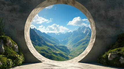 Poster - A carved architectural sphere frames a panoramic view of majestic mountains, merging design and natural beauty