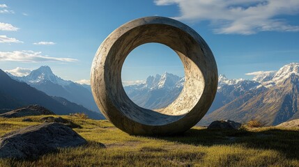 Poster - A carved architectural sphere frames a panoramic view of majestic mountains, merging design and natural beauty