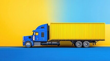 Poster - A bold blue semi-truck with a yellow trailer cuts across a clean, modern background, representing power in motion