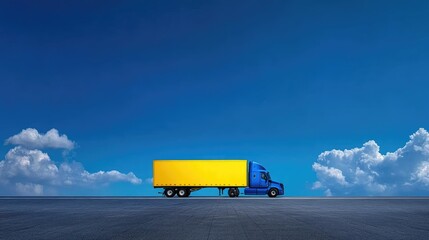 Poster - A bold blue semi-truck with a yellow trailer cuts across a clean, modern background, representing power in motion