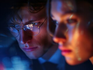 Fototapete - Focused Man With Glasses Working Late With Colleague, Illustrating Dedication and Teamwork in a High-Pressure Environment, Ready for Corporate Use : Generative AI