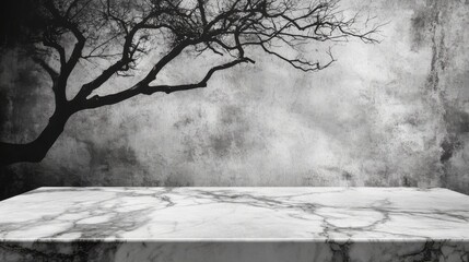 Poster - Marble tabletop display with spooky tree branches against textured wall backdrop product showcase studio shot