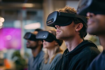 Fototapete - Diverse Group Wearing VR Headsets, Exploring Immersive Technology and Digital Innovation in a Modern Office Setting, Representing Teamwork and Collaboration : Generative AI