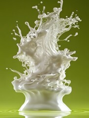 Poster - Milk splash in high speed photography on green background, close up view of liquid crown, studio shot of dairy product