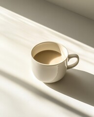 Poster - Coffee cup in sunlight, close-up, high-angle, bright, minimalist, modern, studio shot, white surface, morning light