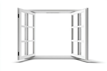 Poster - Open White Window Frame on White Background Studio Shot Revealing Bright Light and Opportunity for New Beginnings and Fresh Air Perspective