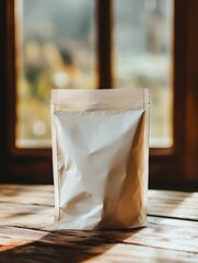 Aufkleber - White pouch stands on wooden table near window, product mockup, studio shot, natural light, close-up, branding, packaging, food, drink, supplement
