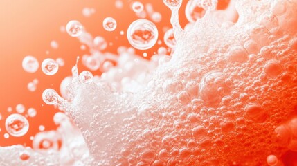 Poster - Close-up of Bubbles and Foam on Orange Background shows Cleansing Action in Studio Shot with Bright Lighting and Shallow Depth of Field
