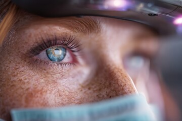 Aufkleber - Close-Up of Woman Wearing VR Headset and Mask, Representing Virtual Reality Training and Medical Technology Advancements : Generative AI