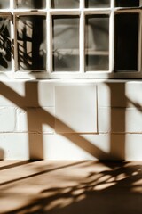 Poster - Blank Square Card Mockup on White Brick Wall with Window Light and Shadow Play Interior Scene Still Life Calm Minimalist