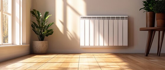 Poster - Interior design featuring modern radiator next to window and potted plant in a sunlit room showcasing home comfort and style